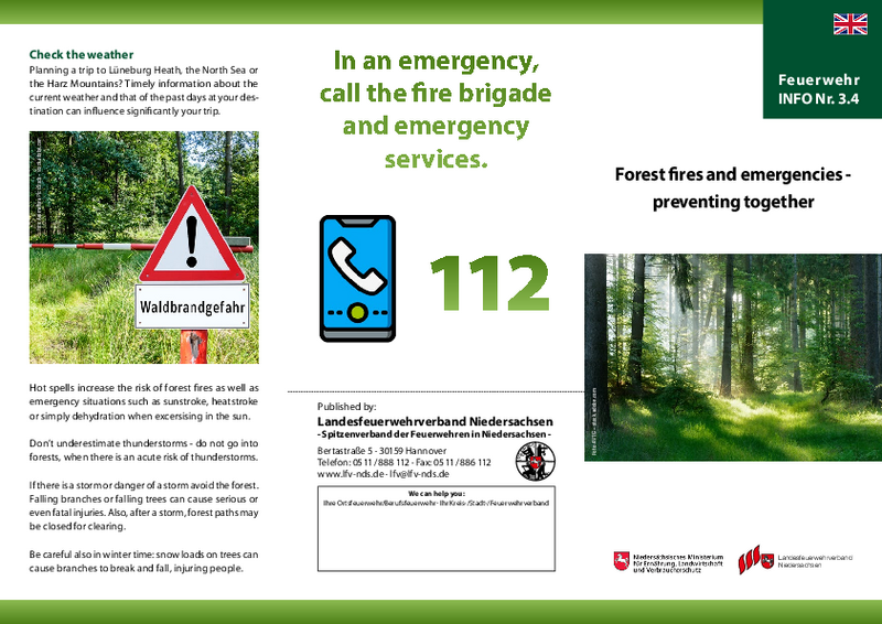 Faltblatt Feuer und Notfälle im Wald - Gemeinsam vorbeugen - in englischer Sprache