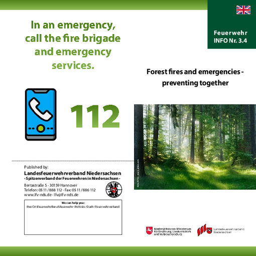 Faltblatt Feuer und Notfälle im Wald - Gemeinsam vorbeugen - in englischer Sprache