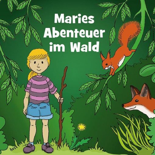 Mädchen steht mit einigen Tieren zusammen im Wald