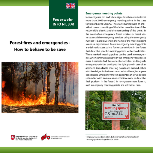Faltblatt Feuer und Notfälle im Wald - Das richtige Verhalten in englischer Sprache