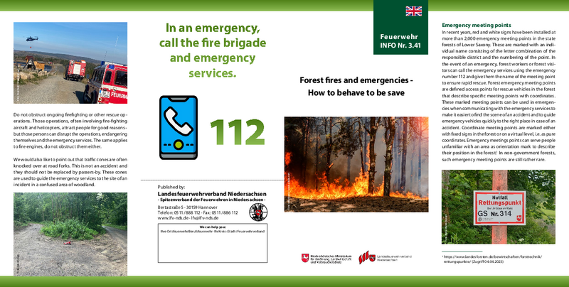 Faltblatt Feuer und Notfälle im Wald - Das richtige Verhalten in englischer Sprache