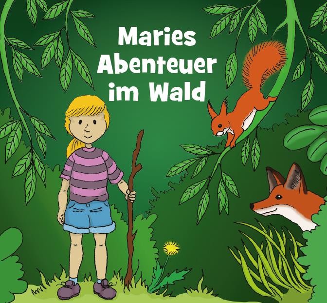 Mädchen steht mit einigen Tieren zusammen im Wald